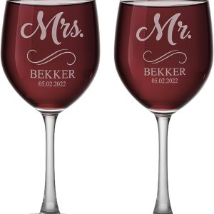 Gifts Inscribed Personalized Mr and Mrs Wine Glass Set of 2 Custom Engraved Wedding Wine Glasses Gift for Couples, Engagement, Birthday, or Anniversary