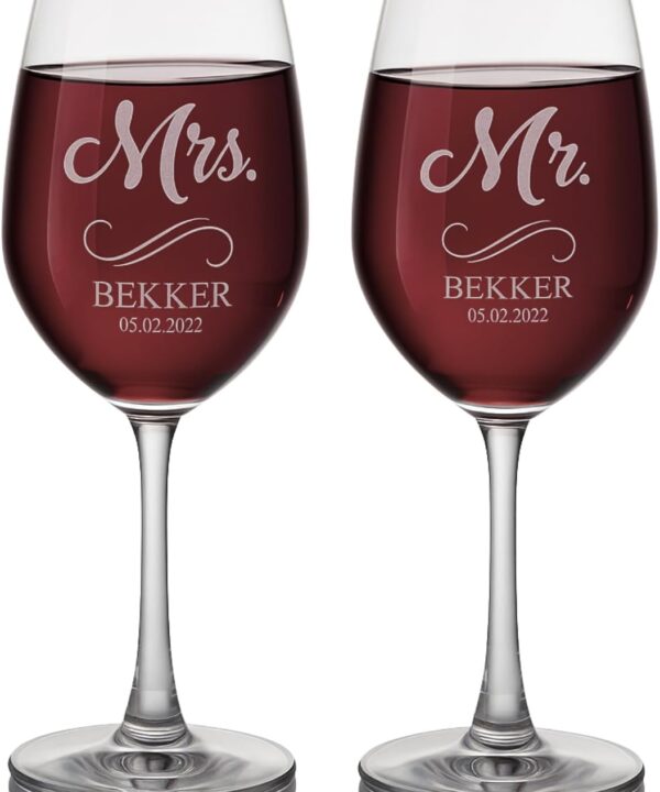 Gifts Inscribed Personalized Mr and Mrs Wine Glass Set of 2  Custom Engraved Wedding Wine Glasses Gift for Couples, Engagement, Birthday, or Anniversary