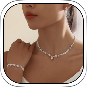 Silver Jewelry Sets for Women Rhinestone Necklace Dangle Earrings Bracelet Set Bridal Wedding Jewelry Sets for Brides Bridemaid Prom Costume Accessories Jewelry