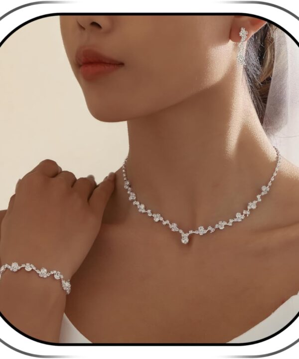 Silver Jewelry Sets for Women Rhinestone Necklace Dangle Earrings Bracelet Set Bridal Wedding Jewelry Sets for Brides Bridemaid Prom Costume Accessories Jewelry
