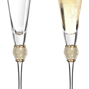 2 Pieces Rhinestone Champagne Flutes Wedding Toasting Glasses 7 Oz Rim Diamond Wine Glasses Long Stem Glassware for Wedding, Parties, Anniversary Supplies (Gold)