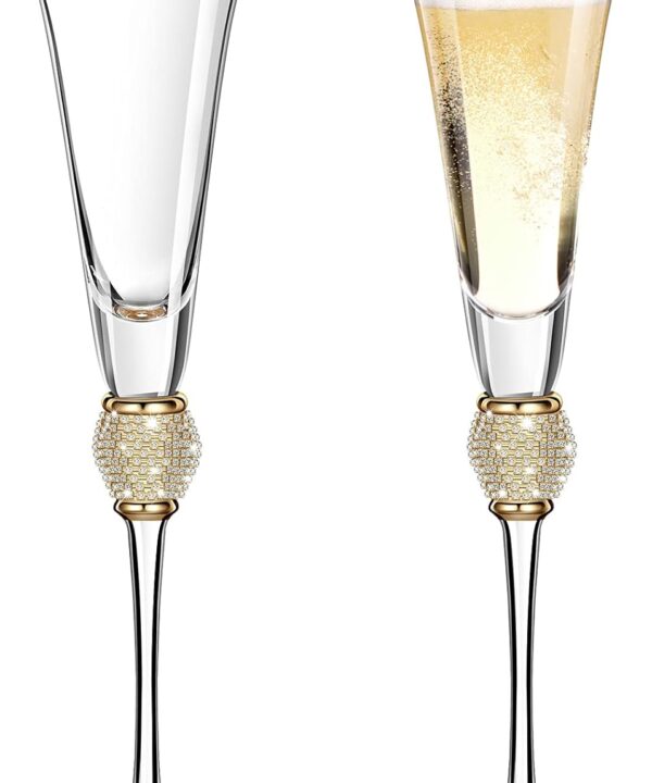 2 Pieces Rhinestone Champagne Flutes Wedding Toasting Glasses 7 Oz Rim Diamond Wine Glasses Long Stem Glassware for Wedding, Parties, Anniversary Supplies (Gold)