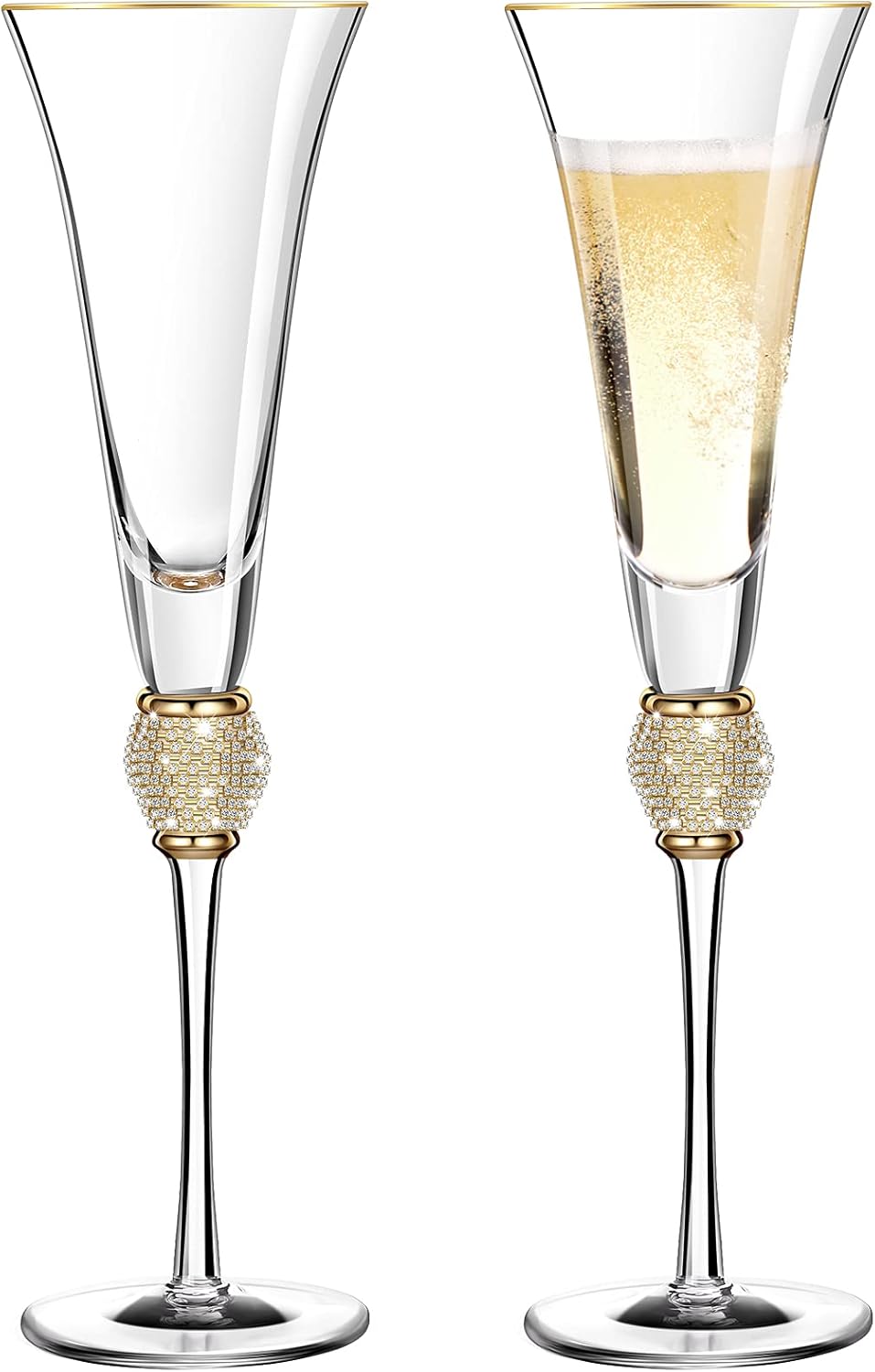 2 Pieces Rhinestone Champagne Flutes Wedding Toasting Glasses 7 Oz Rim Diamond Wine Glasses Long Stem Glassware for Wedding, Parties, Anniversary Supplies (Gold)