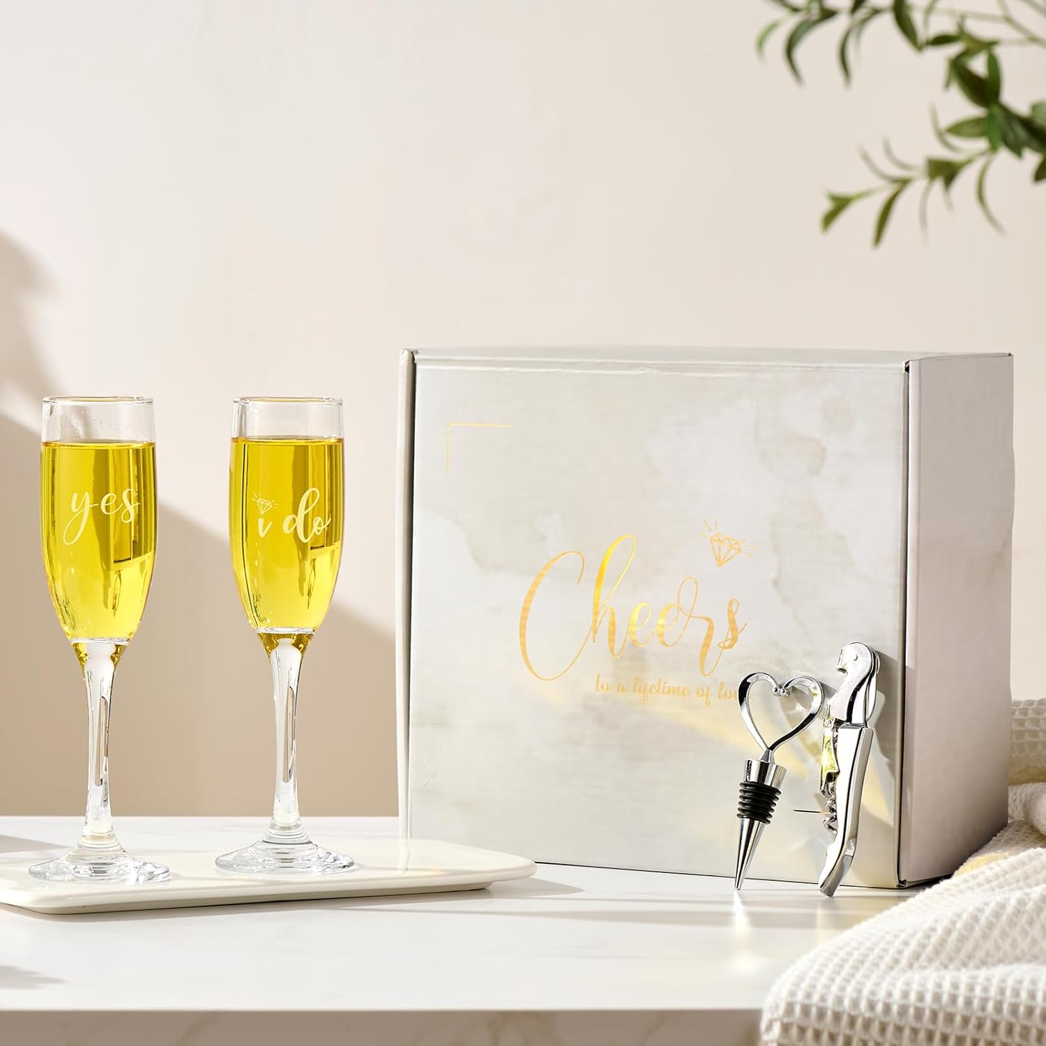 Engagement Gifts for Couples, Champagne Flutes Glass Set, Bridal Shower Wedding Gifts for Newlyweds, Wedding Registry Gift Ideas, Tall Wine Glasses with Wine Stopper and Opener, Yes I do