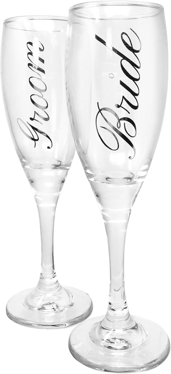 BANBERRY DESIGNS Bride and Groom Champagne Glasses Set of 2 Elegant Toasting Flutes Silver Wedding Champagne Set Wedding Glasses 6 oz