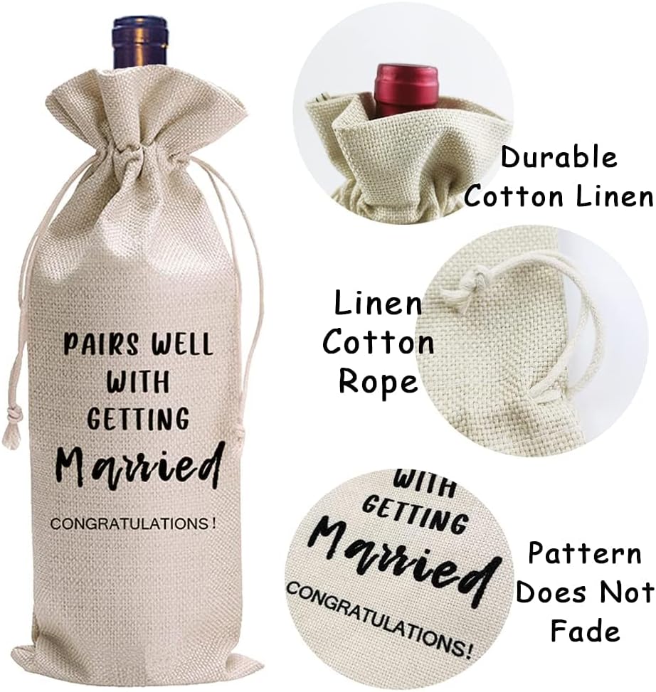 LANBAIHE Wedding Wine Bag,Linen Wine Gift Bag,Wedding Couples, Bride and Groom Gift,Wedding Gift,Reusable Wine Bag -Pairs Well With Getting Married