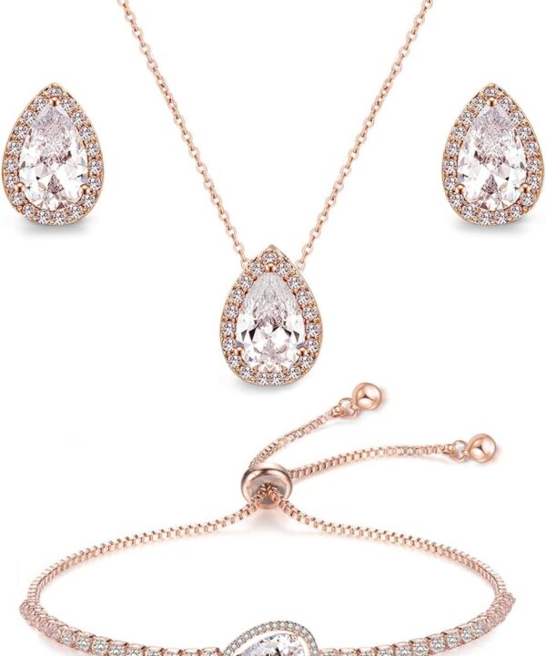 UDYLGOON Imitation Cubic Zironia Diamond Teardrop Earrings Necklace Bracelet Jewelry Set For Bride Bridesmaids Bridal Wedding Party Prom Jewelry Gift