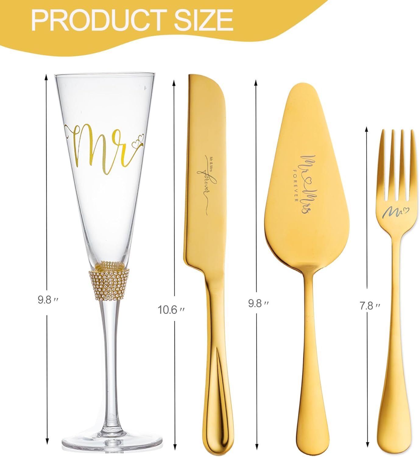 Wedding Cake Knife and Server Set, Bride and Groom Champagne Glasses and Gold Cake Cutting Set for Wedding, Cake Cutter and Champagne Flutes Glass for Mr and Mrs Gifts for Coples (Gold)