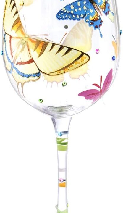 NymphFable Hand-painted Wine Glass Colorful Butterflies Artisan Painted Glass 15 oz Novelty Gift for Birthdays,Weddings,Valentine's Day