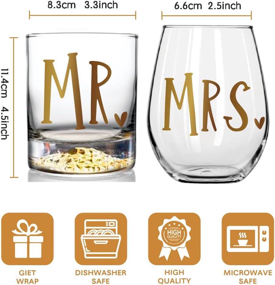 Mr Whiskey Glass and Mrs Wine Glass Gift Set, Wedding Gift Glass Set For His and Hers Anniversary Engagement Gifts for Him and Hers, Gift for Couples and Newlyweds – Husband and Wife-215