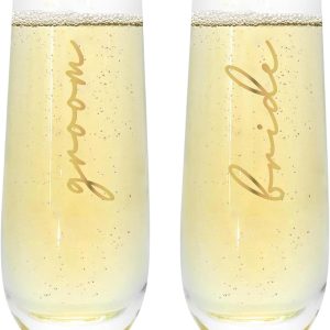 Mr&MrsGifts Bride and Groom Champagne Glasses Set of 2 - Stemless Crystal Flutes for Wedding/Anniversary, 10oz Lead-Free Elegant Toasting Cups, 24K Gold Logo, Romantic Gift for Him & Her(A:GB)