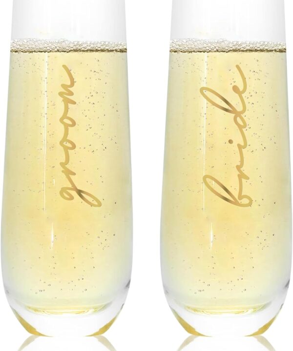 Mr&MrsGifts Bride and Groom Champagne Glasses Set of 2 - Stemless Crystal Flutes for Wedding/Anniversary, 10oz Lead-Free Elegant Toasting Cups, 24K Gold Logo, Romantic Gift for Him & Her(A:GB)