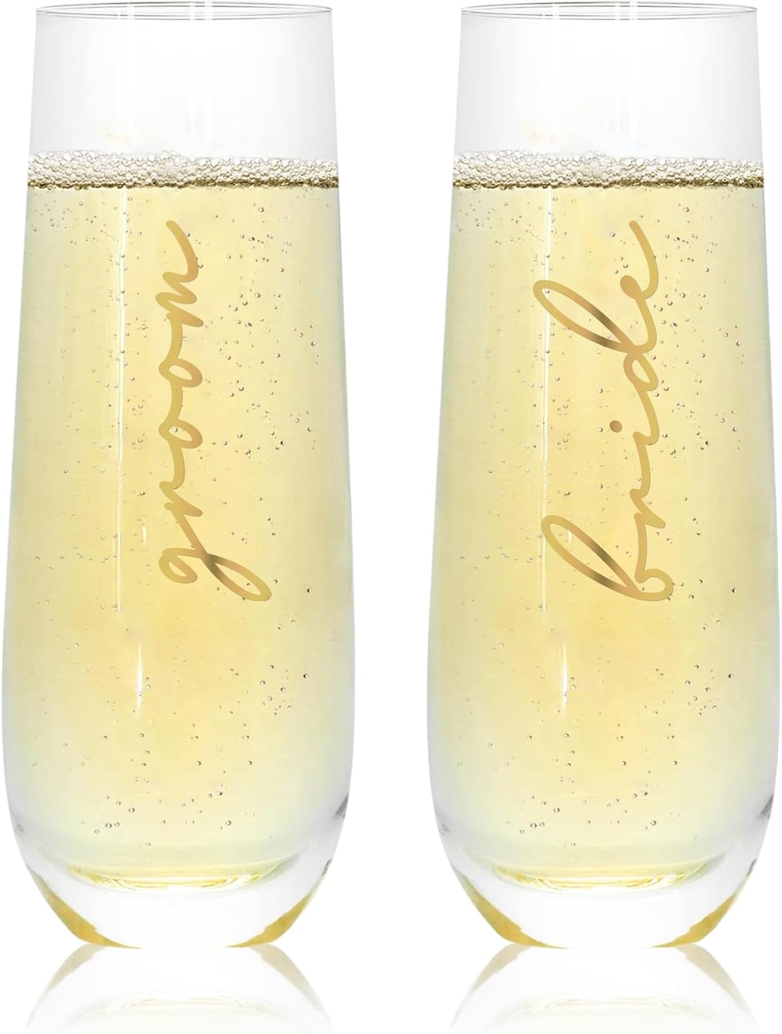 Mr&MrsGifts Bride and Groom Champagne Glasses Set of 2 - Stemless Crystal Flutes for Wedding/Anniversary, 10oz Lead-Free Elegant Toasting Cups, 24K Gold Logo, Romantic Gift for Him & Her(A:GB)
