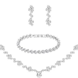Crystal Wedding Jewelry Set, Silver Necklace Earrings Bracelet Crystal Bridal Wedding Jewelry Sets for Brides Bridesmaid Prom Costume Accessories