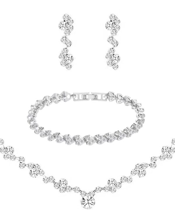 Crystal Wedding Jewelry Set, Silver Necklace Earrings Bracelet Crystal Bridal Wedding Jewelry Sets for Brides Bridesmaid Prom Costume Accessories
