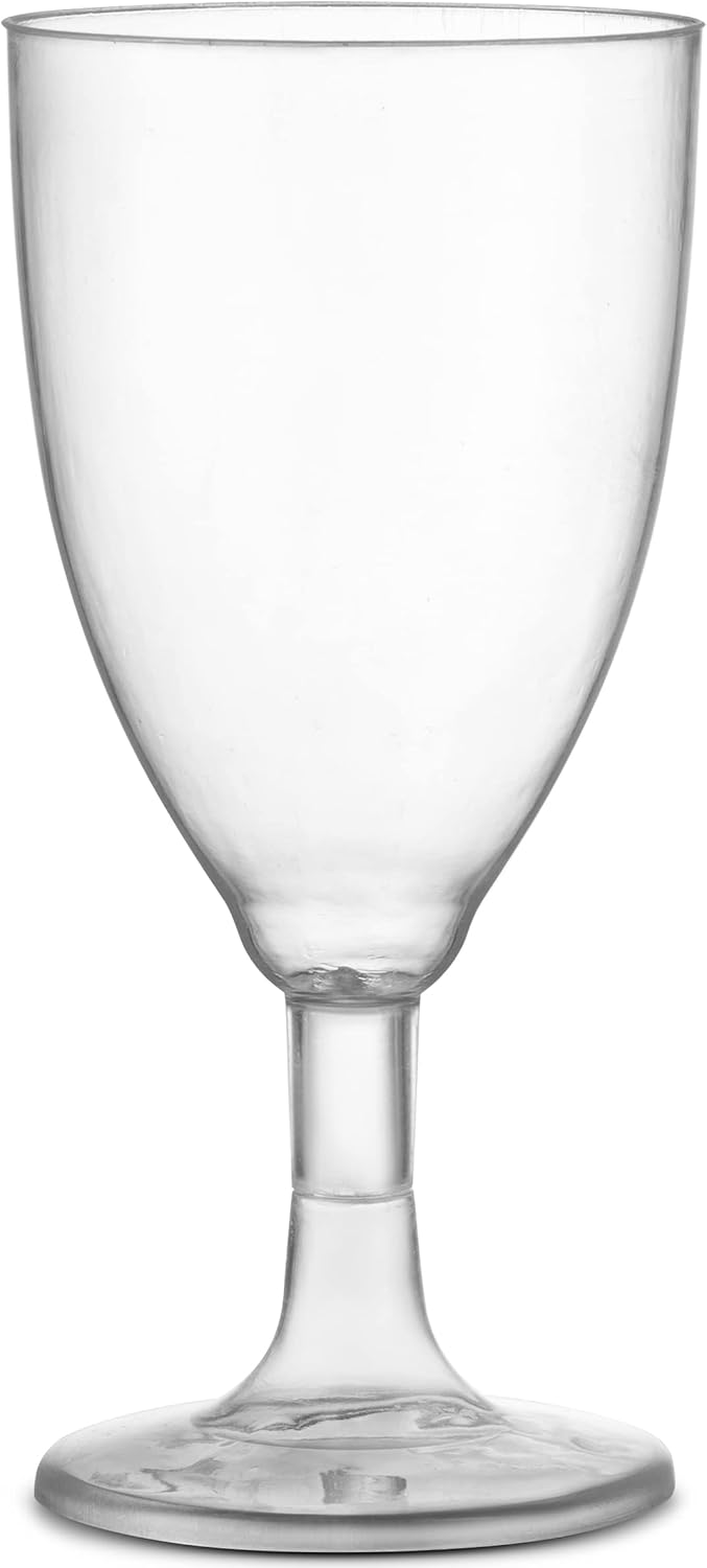 JoyServe 24 Plastic Wine Glasses Disposable – 7 Oz Clear BPA-Free Plastic Glasses with Stem, Reusable Party Wine Cups for Outdoor Parties, Weddings, Toasts, Drinks, Catering (Bulk Pack of 24)