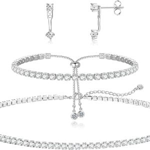 Luxval Tennis Necklace Set for Women Tennis Bracelets Diamond Earrings Sterling Silver Necklace Wedding Jewelry for Bride Silver Jewelry Sets for Women Gift