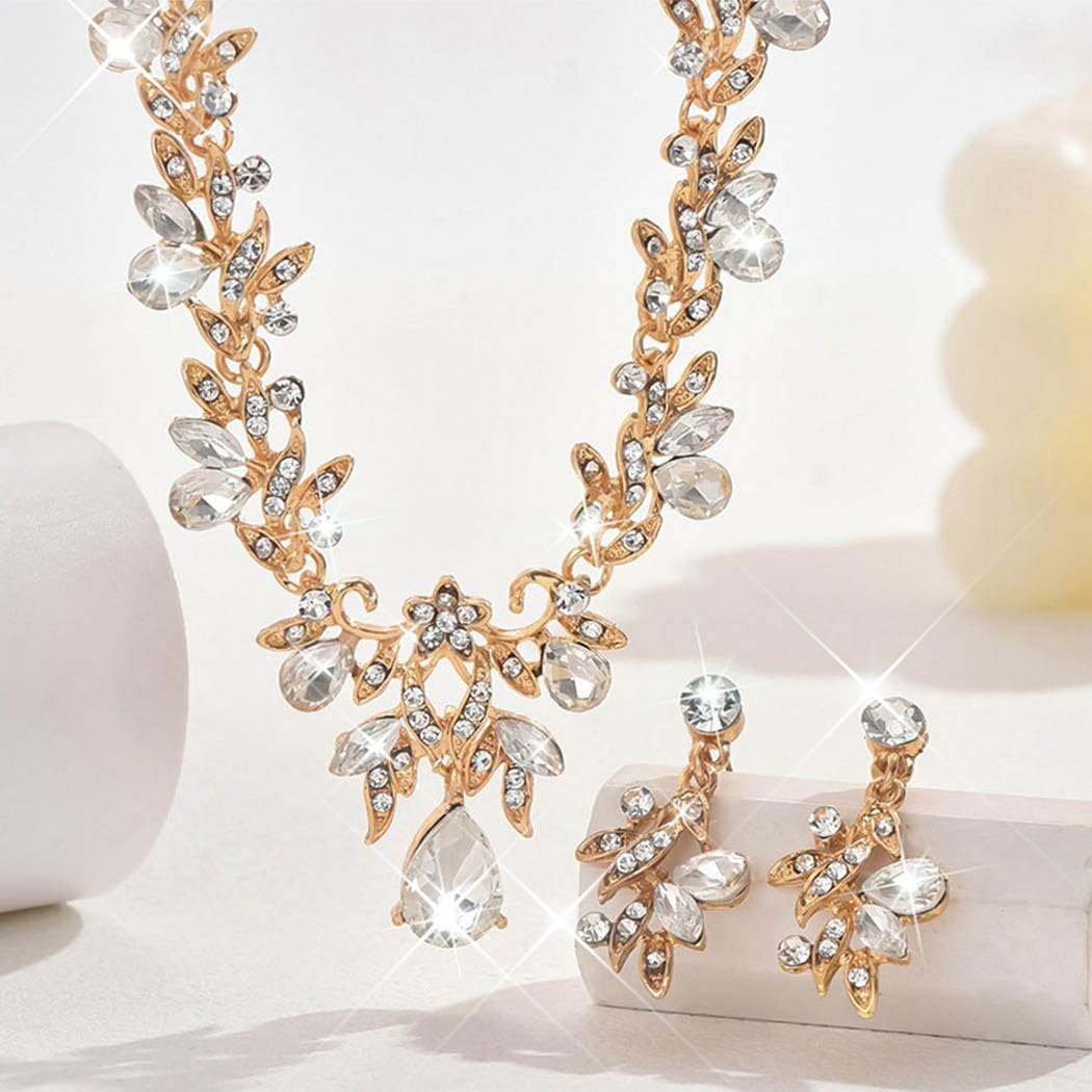 Unicra Rhinestone Bridal Wedding Jewelry Sets Gold Necklace Earrings Set Leaf Prom Formal Costume Jewelry Set for Women and Brides