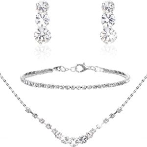 Silver Jewelry Set for Women, Rhinestone Necklace Bracelet Dangle Earrings Set, Crystal Bridal Wedding Party Jewelry Sets for Bride Bridesmaid Formal Costume Accessories