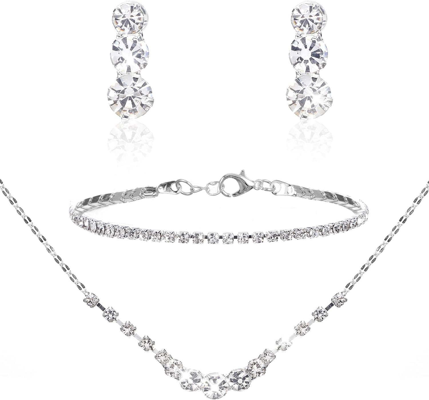 Silver Jewelry Set for Women, Rhinestone Necklace Bracelet Dangle Earrings Set, Crystal Bridal Wedding Party Jewelry Sets for Bride Bridesmaid Formal Costume Accessories