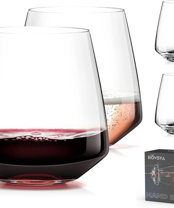 Stemless Wine Glasses Set of 4 13.5oz, Hand Blown Red White Wine Glasses Unique Gifts for Him Her for Birthday, Wedding, Christmas, Anniversary