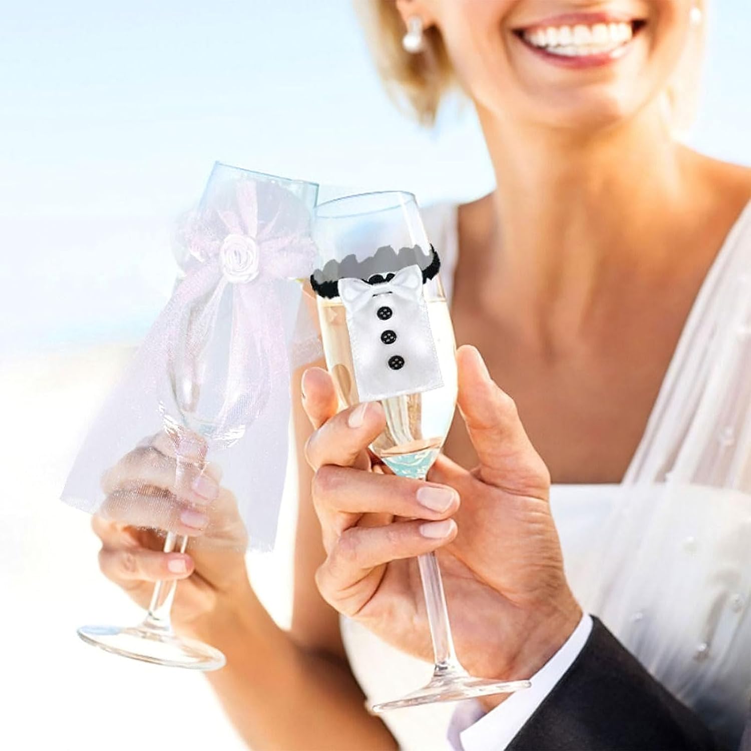 Marriage Bride Groom Dress Wine Cups Wrap Champagne Glass Bottles Cover for Engagement Wedding Party Decoration Ornaments Glass Cup Decoration Valentine’s Day