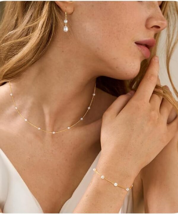 Gold Jewelry Set for Women, Dainty 14K Gold/Silver Plated Pearl Necklace and Earring Set with CZ Diamond and Pearl Drop Earrings, Bracelets, Choker Necklace - Wedding Bride Jewelry
