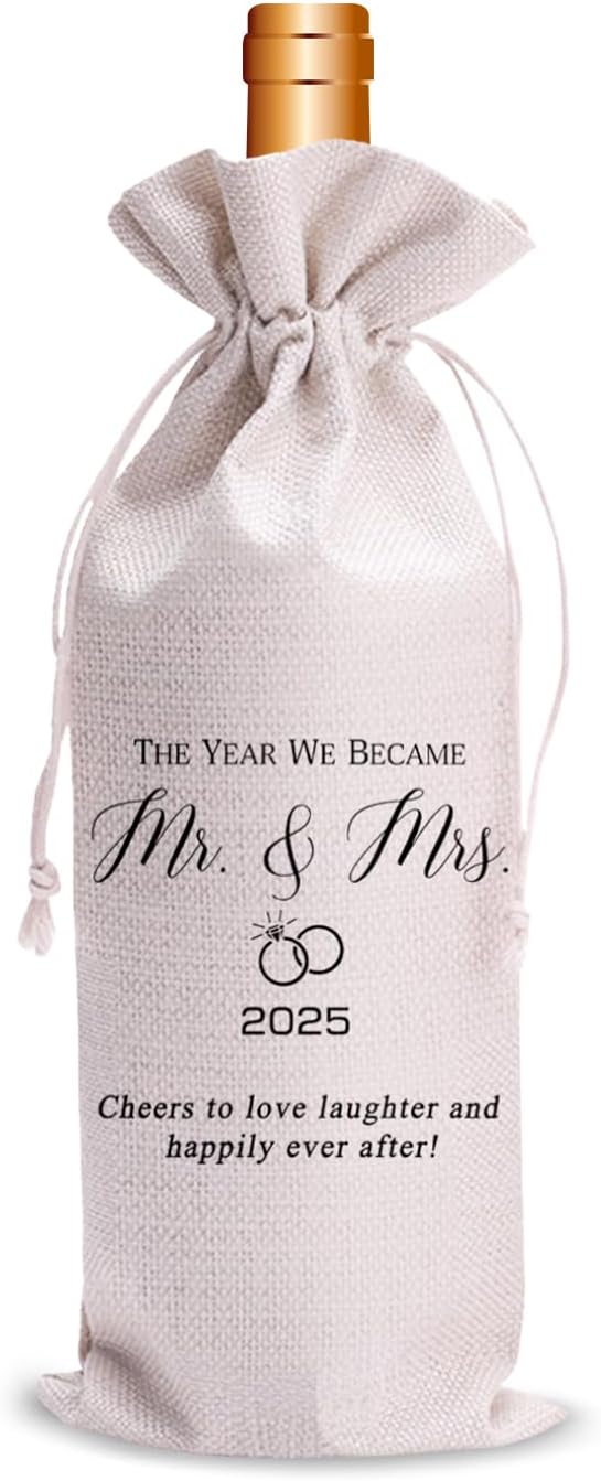 Wedding Wine Bag for Mr & Mrs 2025 Reusable Champagne Bottle Holder, Anniversary & Bridal Shower Gift, Elegant Keepsake for Couples