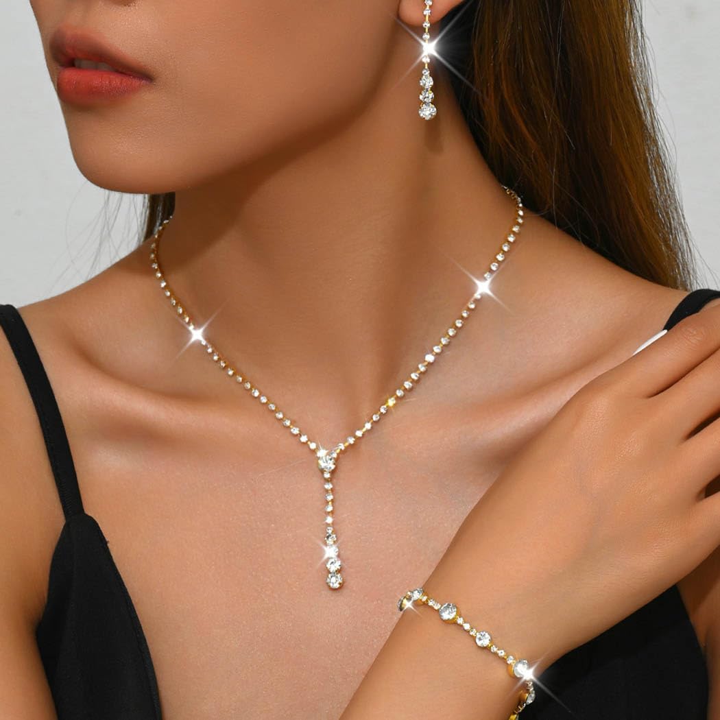 Unicra Bride Silver Bridal Necklace Earrings Set Crystal Wedding Jewelry Set Rhinestone Choker Necklace for Women and Brides