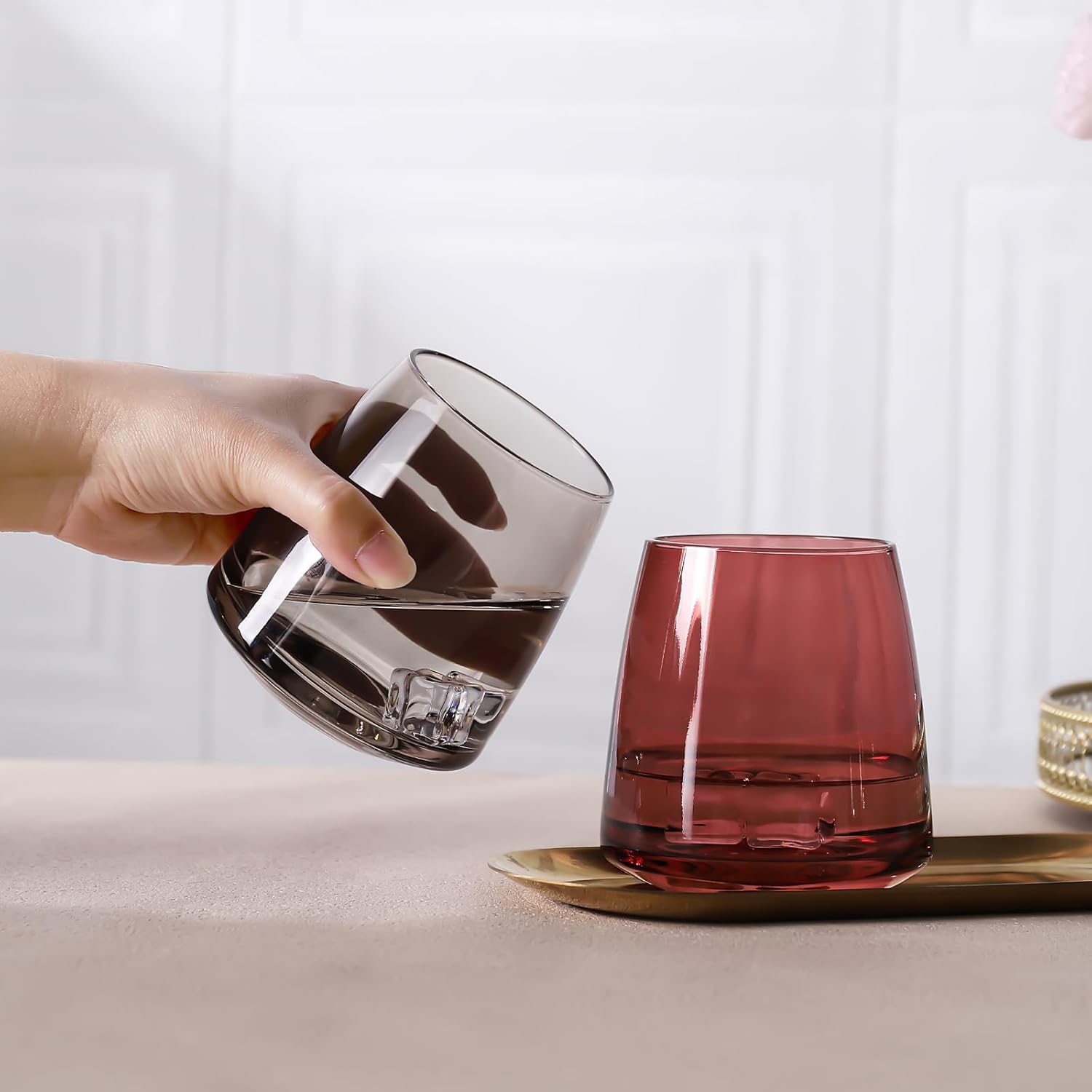 Stemless Colored Wine Glasses Set of 6-14oz Crystal Colorful Wine Glasses-Unique Hand Blown Muticolor Wine Glass Wedding gift set for wine lovers