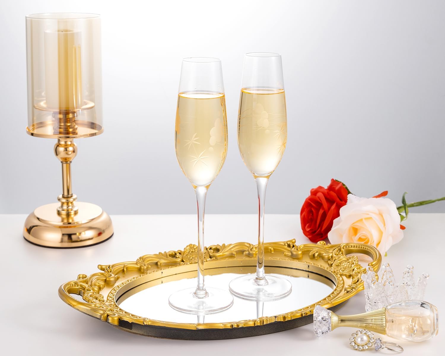 Champagne Flutes, Wedding Champagne Glasses for Bride and Groom Toasting Set of 2 with Engraved Romantic Clouds and Stars Design, Bridal Shower Anniversary Decorations