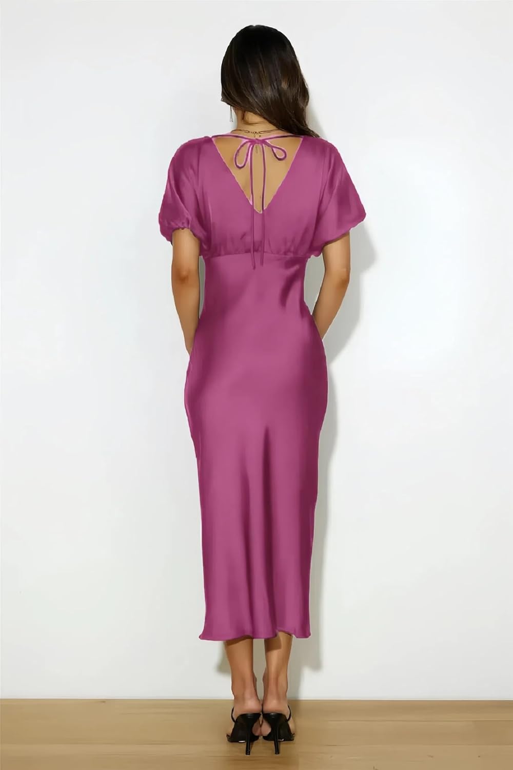 Satin V Neck Puffy Sleeves Silk Midi Dresses Empire Waist Elegant Tie Back Formal Cocktail Dress for Women Wedding Guest