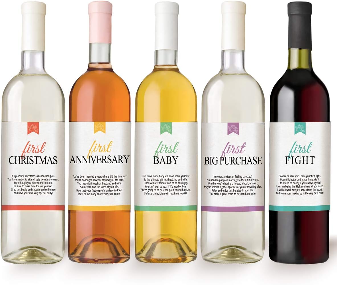 Marriage Milestones Wine Bottle Labels, Set of 5 Waterproof Wine Bottle Labels, Wedding Gift, Marriage Milestones, Wedding Firsts