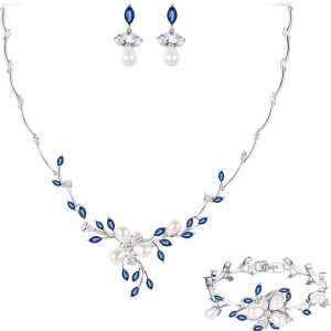 EVER FAITH Marquise CZ Simulated Pearl Bridal Flower Leaf Filigree Necklace Earrings Bracelet Set