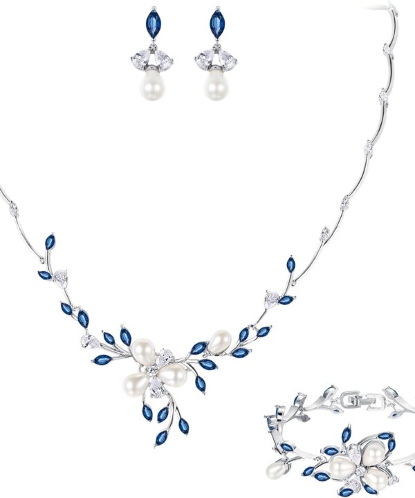 EVER FAITH Marquise CZ Simulated Pearl Bridal Flower Leaf Filigree Necklace Earrings Bracelet Set
