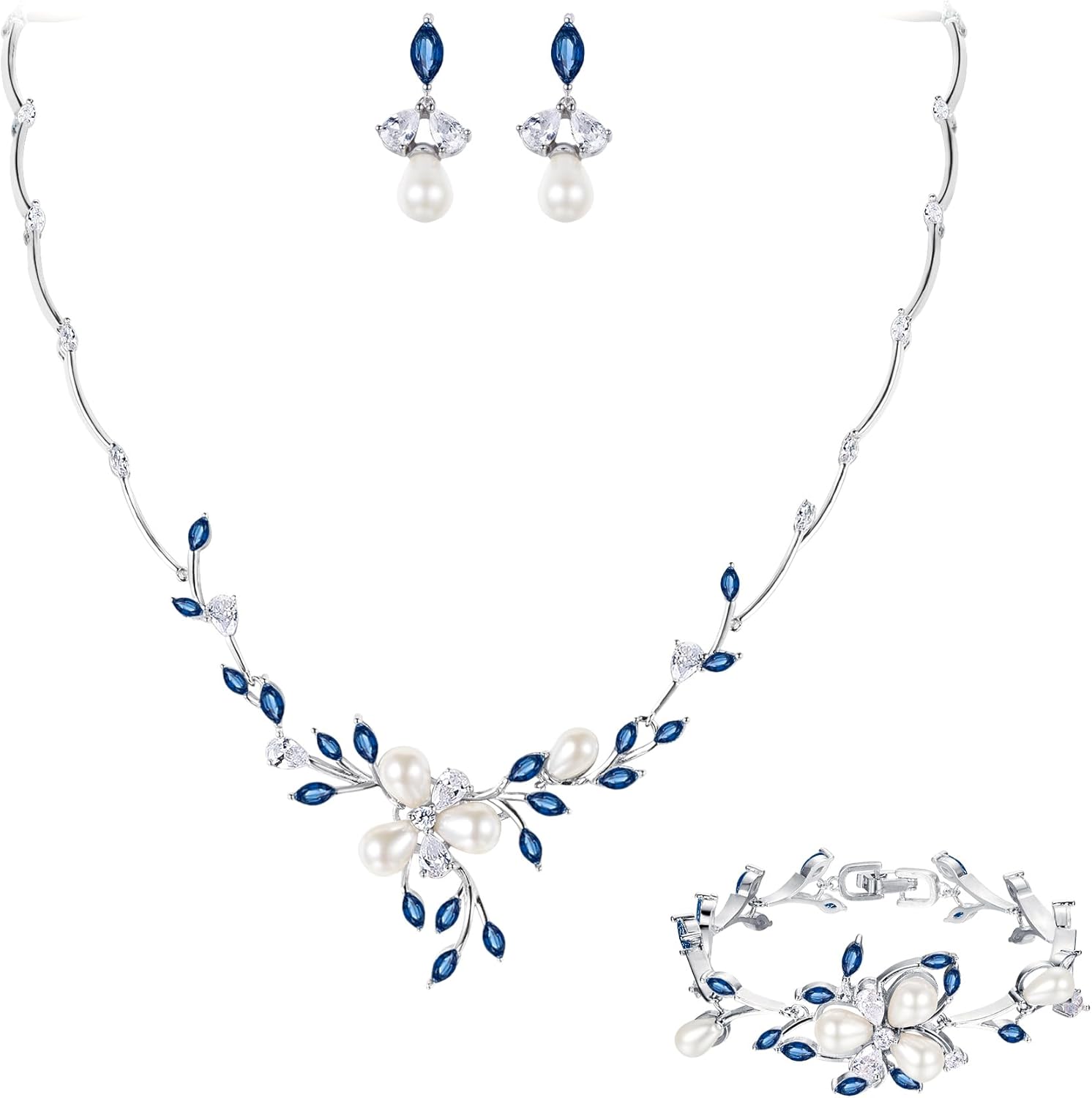 EVER FAITH Marquise CZ Simulated Pearl Bridal Flower Leaf Filigree Necklace Earrings Bracelet Set