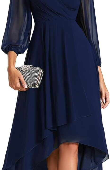 Ever-Pretty Women's Chiffon V Neck Long Sleeves Pleated A-Line Midi Length Wedding Guest Dress 01926
