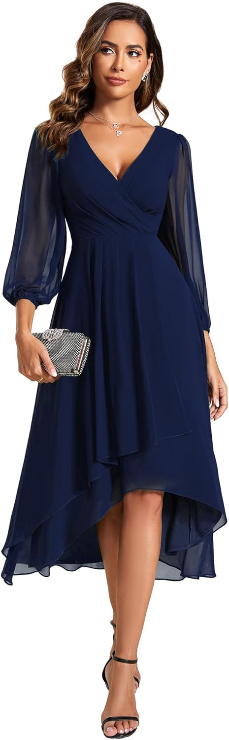 Ever-Pretty Women's Chiffon V Neck Long Sleeves Pleated A-Line Midi Length Wedding Guest Dress 01926