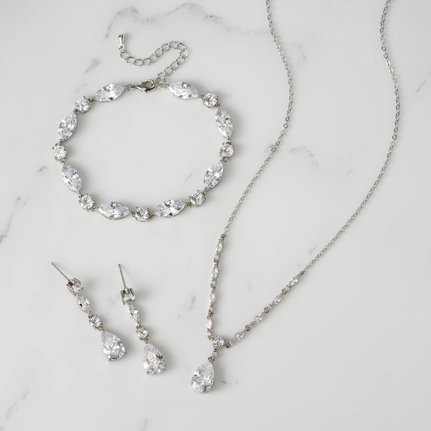 SWEETV Bridal Jewelry Set for Wedding, Cubic Zirconia Necklace Dangle Drop Earrings Bracelet Set, Teardrop Marquise Brides Bridesmaids Wedding Prom Anniversary Jewelry Gifts for Women