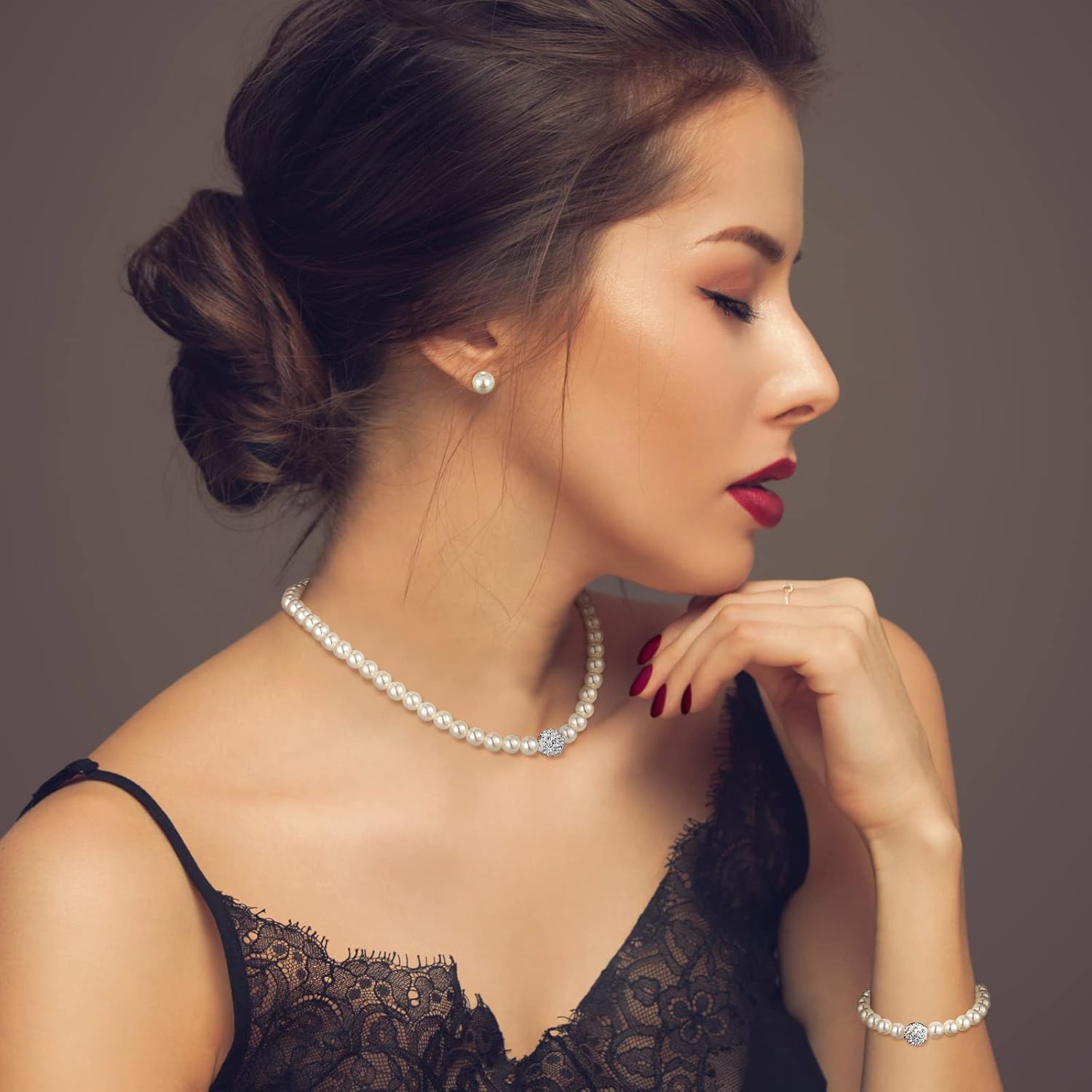 Glenmal Pearl Rhinestone Jewelry Set for Women Pearl Necklace Bracelet Earrings for Wedding Birthday Bridal Shower Tea Party