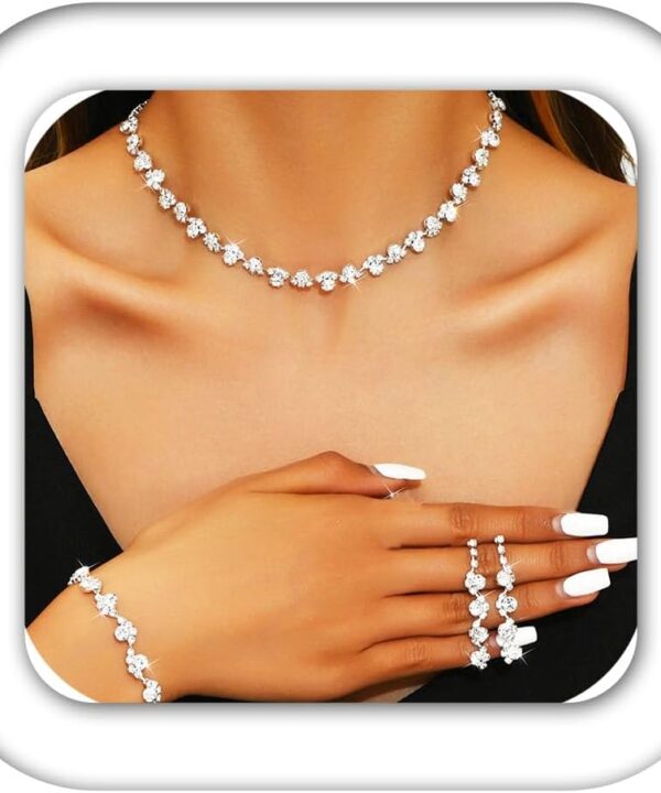 Aukmla Bridal Wedding Jewelry Set Silver Rhinestones Choker Necklaces Earrings Bracelet Sets Prom Jewelry for Women and Brides