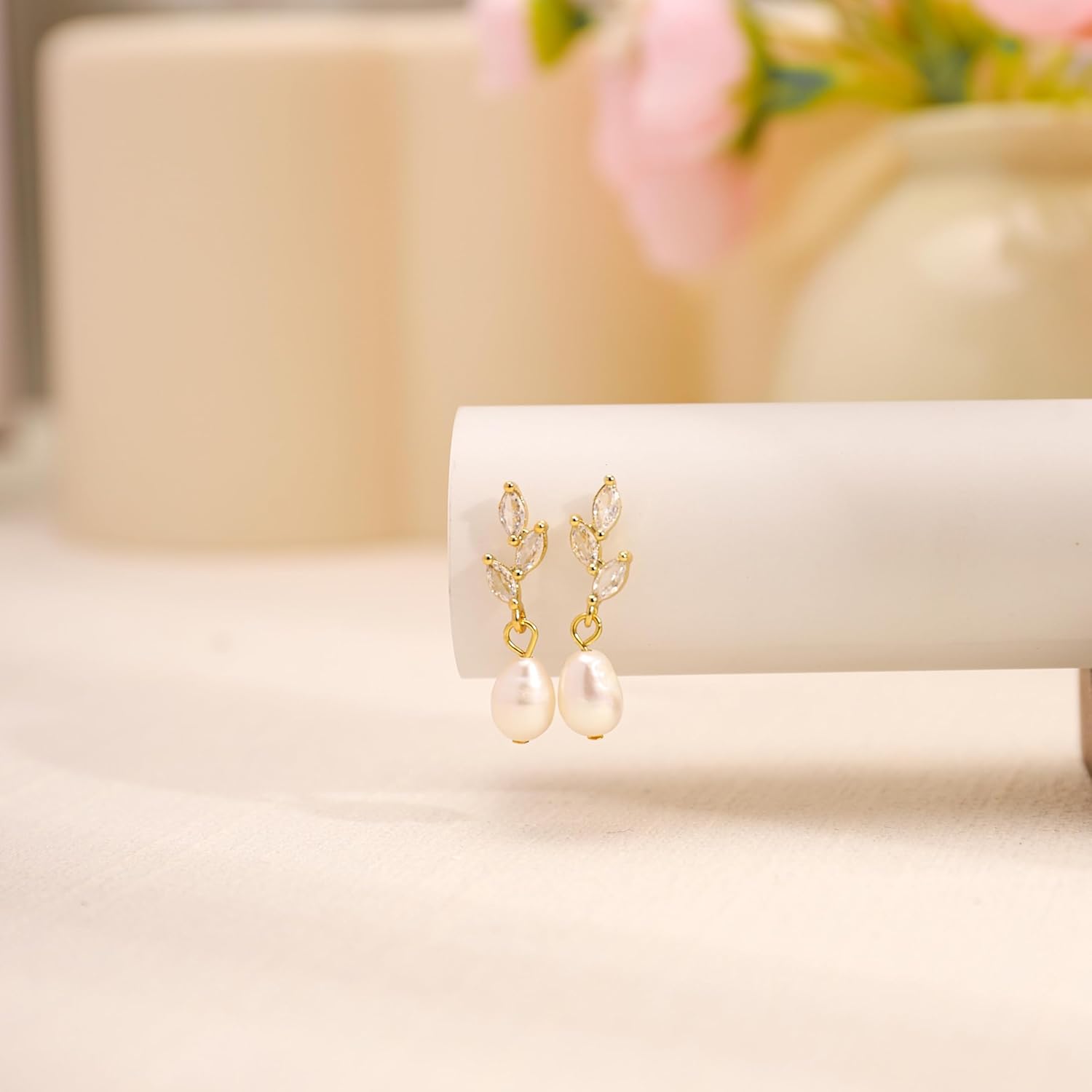 Pearl Earrings for Women – Dainty Gold Dangle Drop Earrings, 14k Gold Plated Cute Bow Design, Hypoallergenic Pearl Studs, Wedding Jewelry Gifts