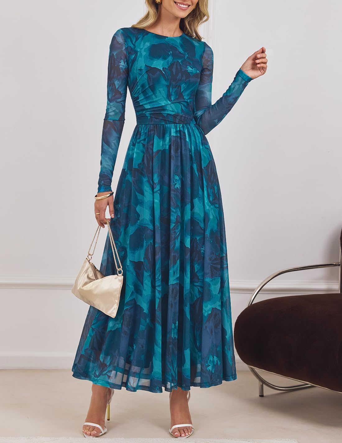 ZESICA Women’s Maxi Dress 2025 Fall Long Sleeve Crewneck Floral Print Mesh Ruched Party Wedding Guest Dresses