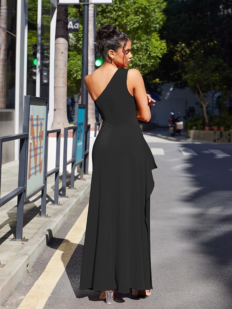 LAGSHIAN Women’s Elegant Maxi Dress One Shoulder Sleeveless High Split Ruched Wedding Guest Long Dress