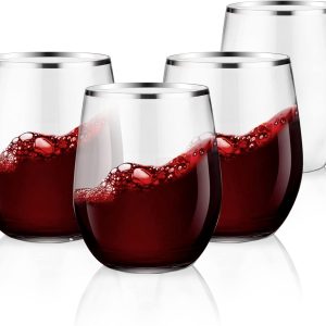 SUT 32 Pack 12oz Silver Rimmed Plastic Wine Glasses Stemless, Disposable Wine Cups with Premium Quality, Reusable, Unbreakable, Crystal, Shatterproof and BPA-Free, Perfect for Party, Wedding, Picnic