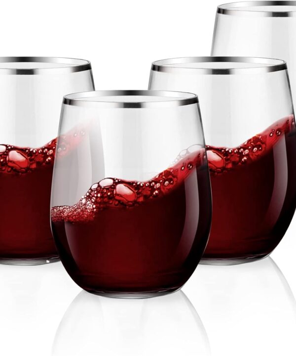 SUT 32 Pack 12oz Silver Rimmed Plastic Wine Glasses Stemless, Disposable Wine Cups with Premium Quality, Reusable, Unbreakable, Crystal, Shatterproof and BPA-Free, Perfect for Party, Wedding, Picnic