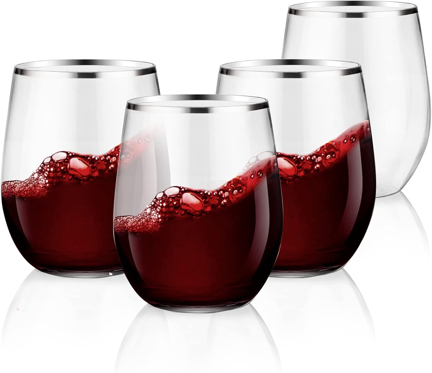 SUT 32 Pack 12oz Silver Rimmed Plastic Wine Glasses Stemless, Disposable Wine Cups with Premium Quality, Reusable, Unbreakable, Crystal, Shatterproof and BPA-Free, Perfect for Party, Wedding, Picnic