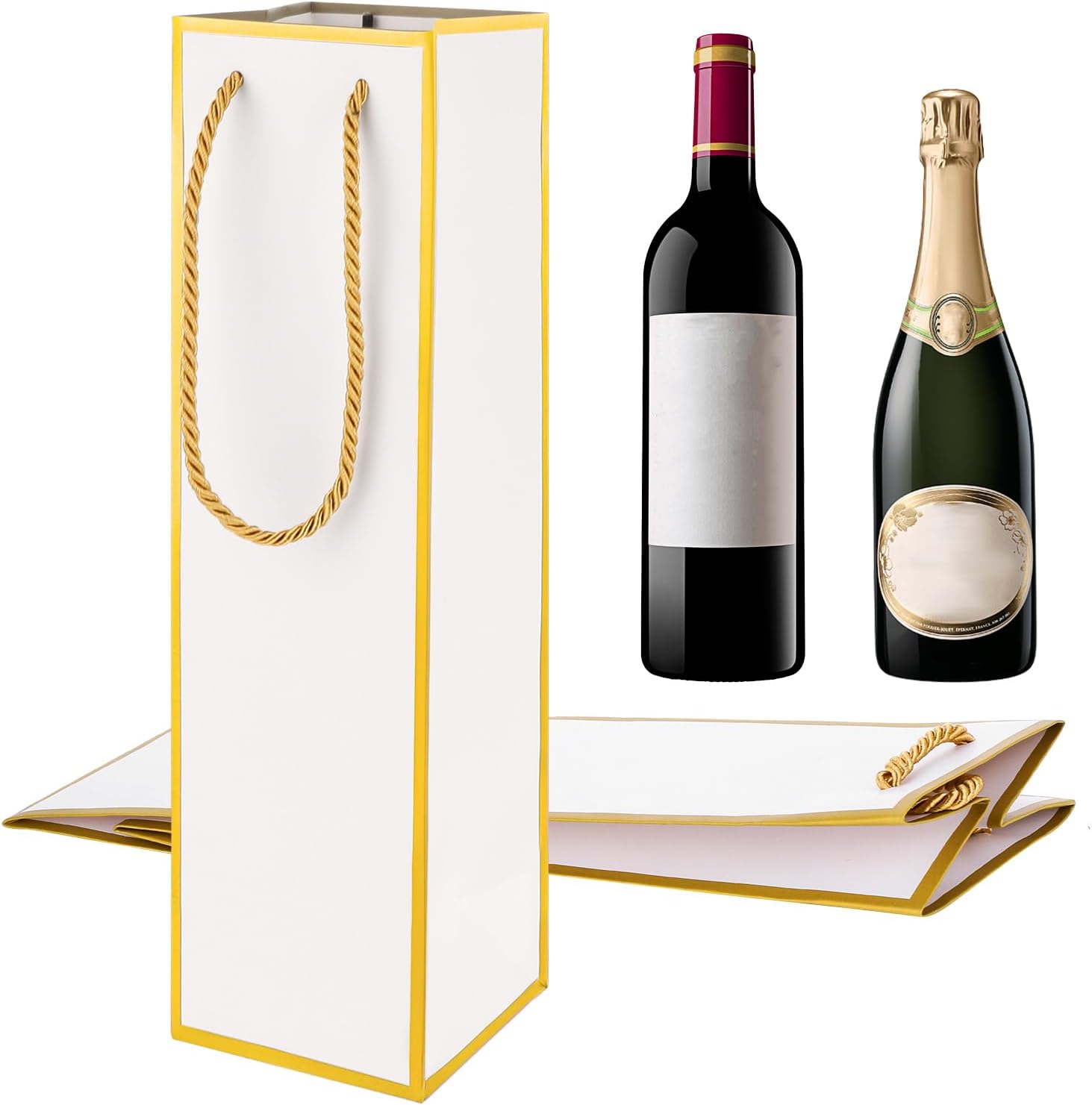 Wine Gift Bags 2 PCS Luxury Wine Bottle Gift Bags, 4″X4″X13.8″ Reusable Liquor Bag with Gold Foil Print, Gold Foil White Wines Bag for Party Wedding Party Anniversary ChampagneBag with Handles
