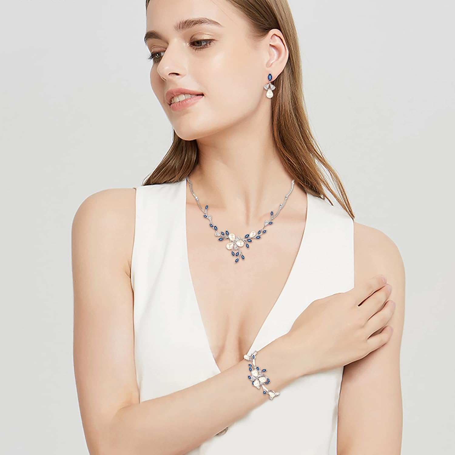 EVER FAITH Marquise CZ Simulated Pearl Bridal Flower Leaf Filigree Necklace Earrings Bracelet Set