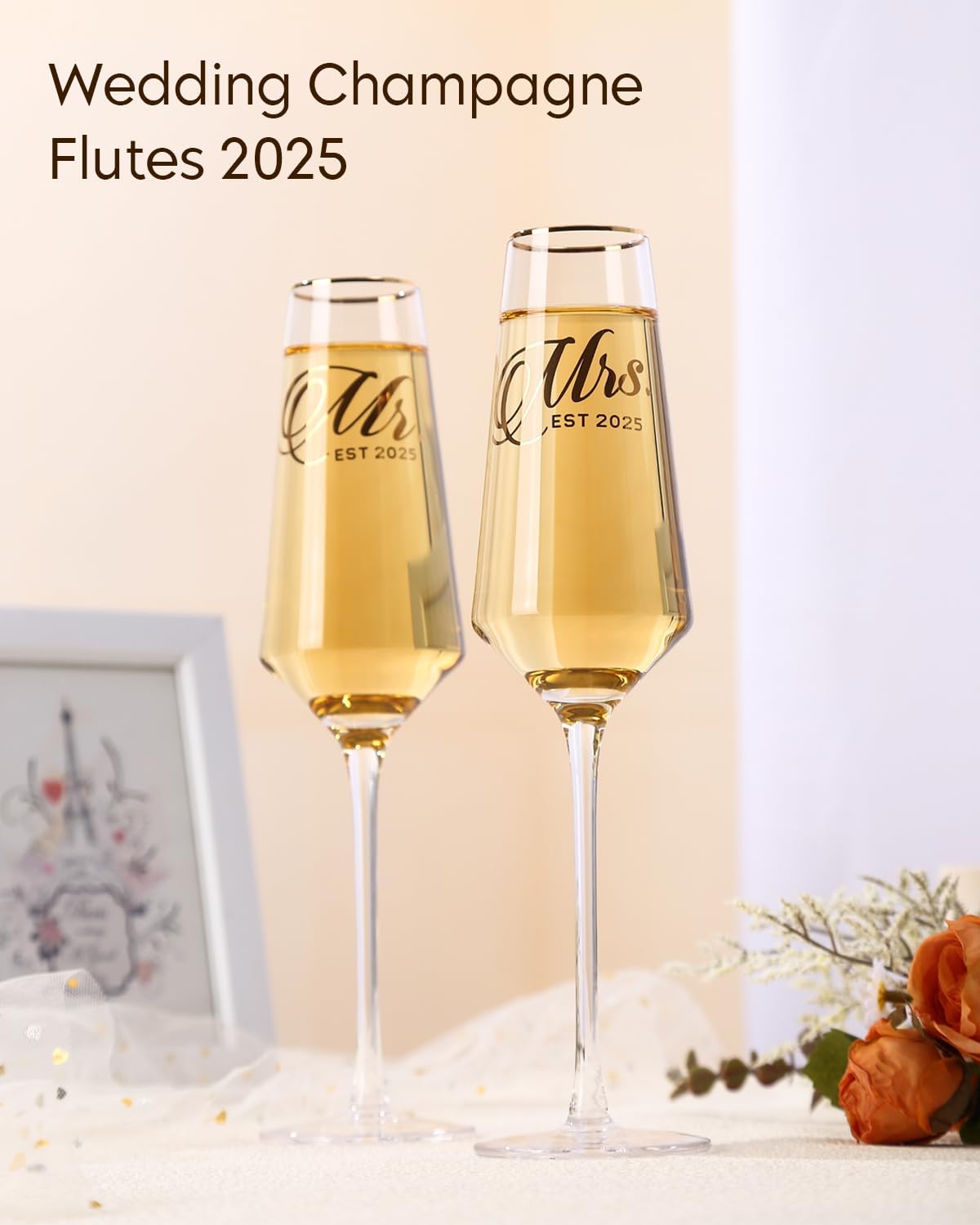 Mr and Mrs Champagne Glasses Set of 2, Long Stem Wedding Champagne Flutes 2025, Bride and Groom Toasting Crystal Glass Set,Engagement Gifts for Couples, Newlyweds, Anniversary,8.5oz